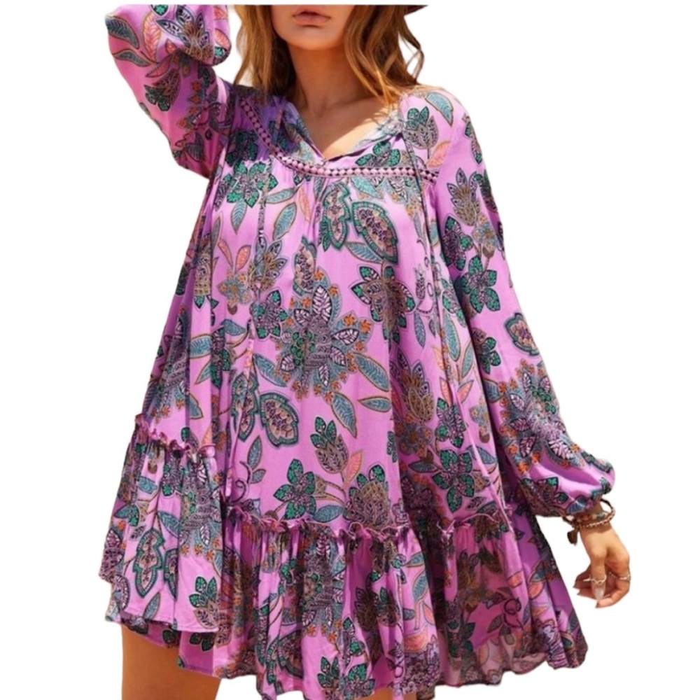 NWT RusttyDustty Pink Purple Floral Paisley Boho Ruffle Swing Mini Dress - M